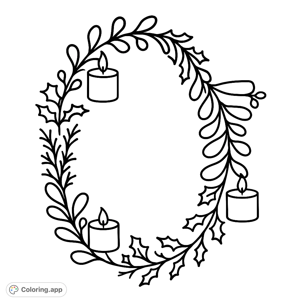 A charming festive wreath adorned with various foliage and four simple candles, perfect for celebrating the season. A delightful holiday coloring page.
