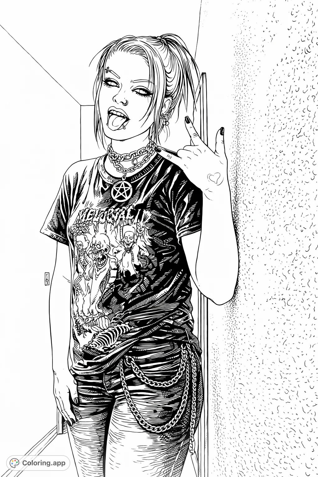 Capture the rebellious spirit with this alternative style coloring page. Features intricate piercings, a unique shirt graphic, and a rock-on pose.