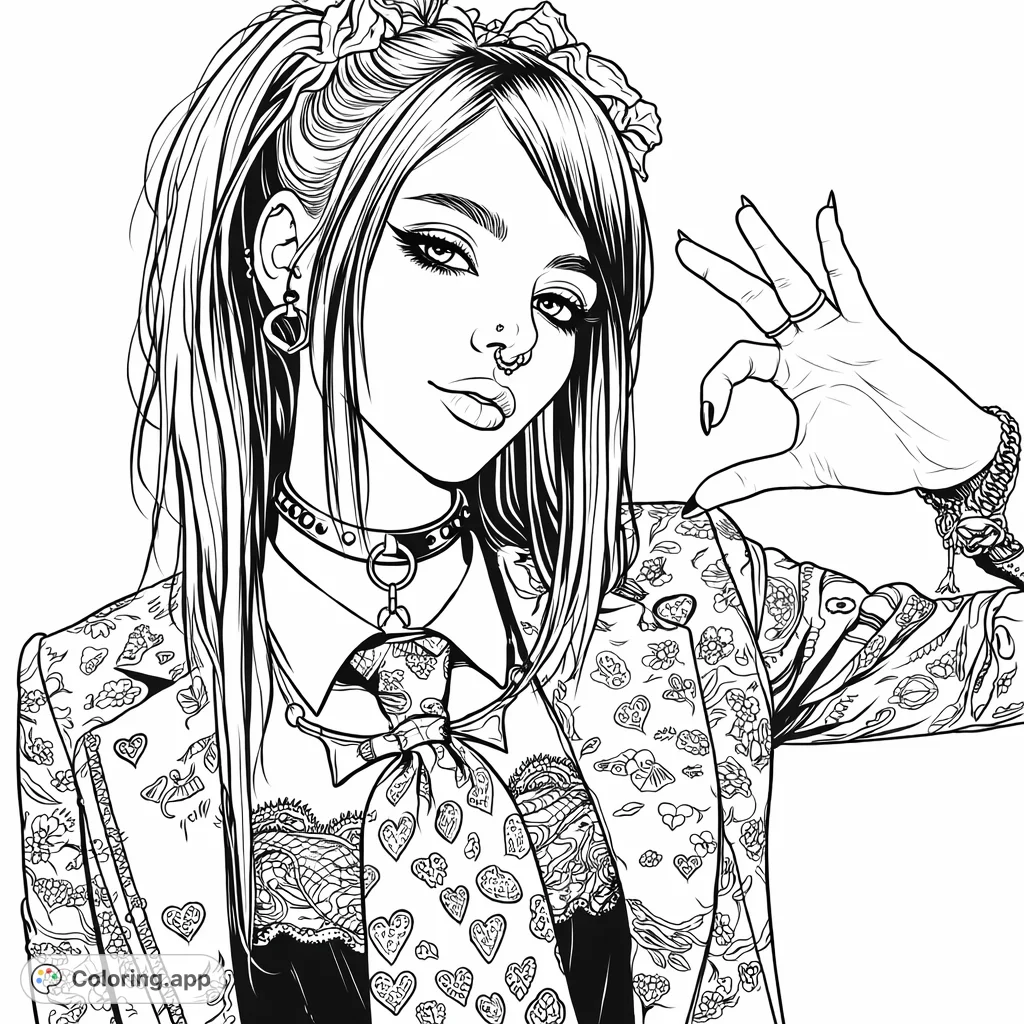 Discover a captivating gothic chic coloring page featuring a stylized woman with intricate details, unique fashion, and a sweet heart hand gesture. Perfect for alternative art enthusiasts.