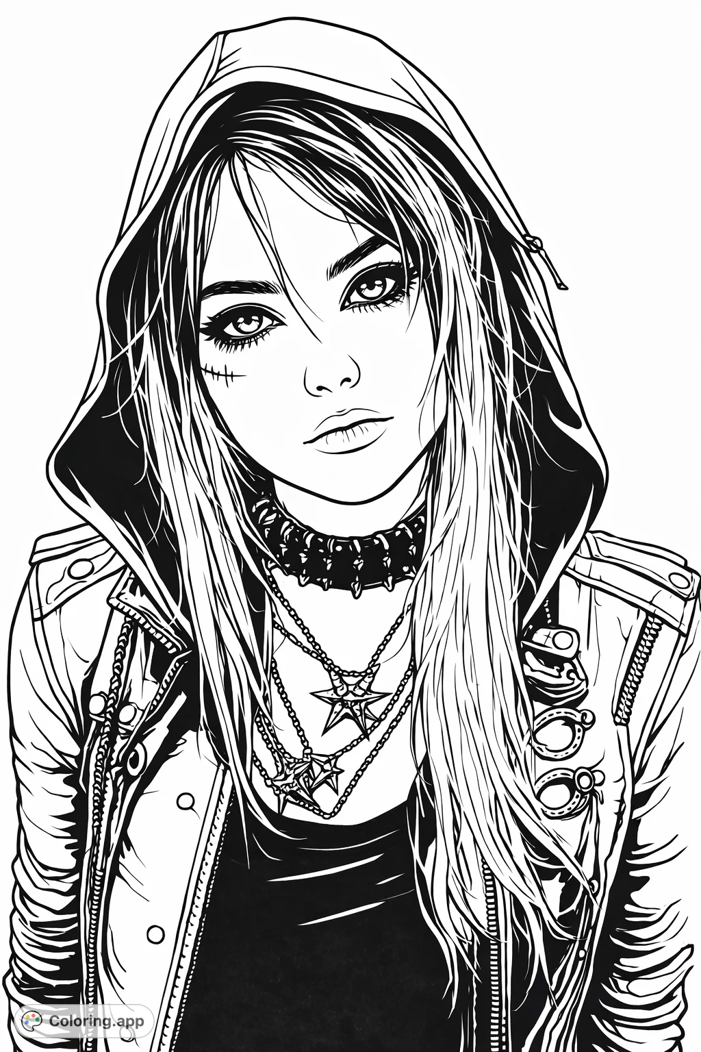 An enigmatic goth portrait featuring a young woman with a hooded jacket, spiked choker, and layered necklaces. A striking urban scene perfect for creative expression.