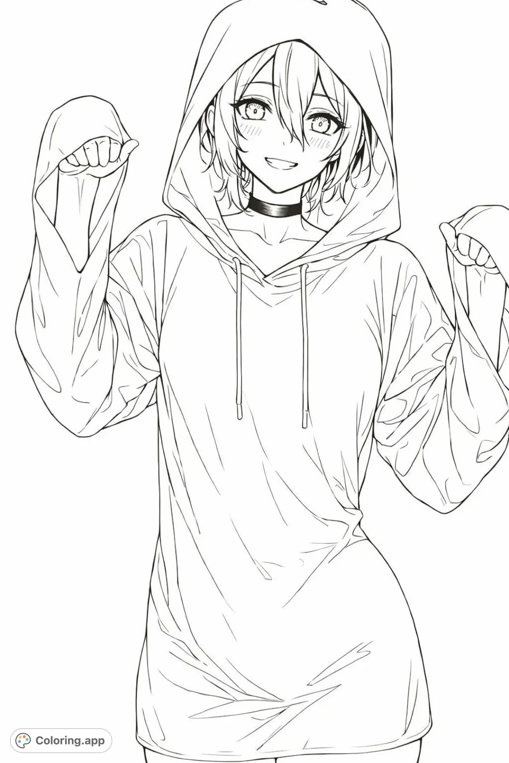 A fun anime character in an oversized ghost-themed hoodie, smiling playfully. Perfect for fans of manga and unique fashion.