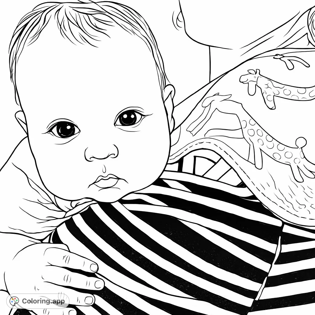Capture the tender moment of a baby resting on a shoulder. Features a charming infant face, tiny hand, and striped clothing, perfect for warm coloring.