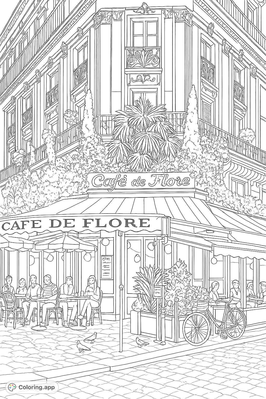 Color a charming Parisian street scene featuring the iconic Cafe de Flore, its ornate building, bustling outdoor seating, and lush flowering balconies.