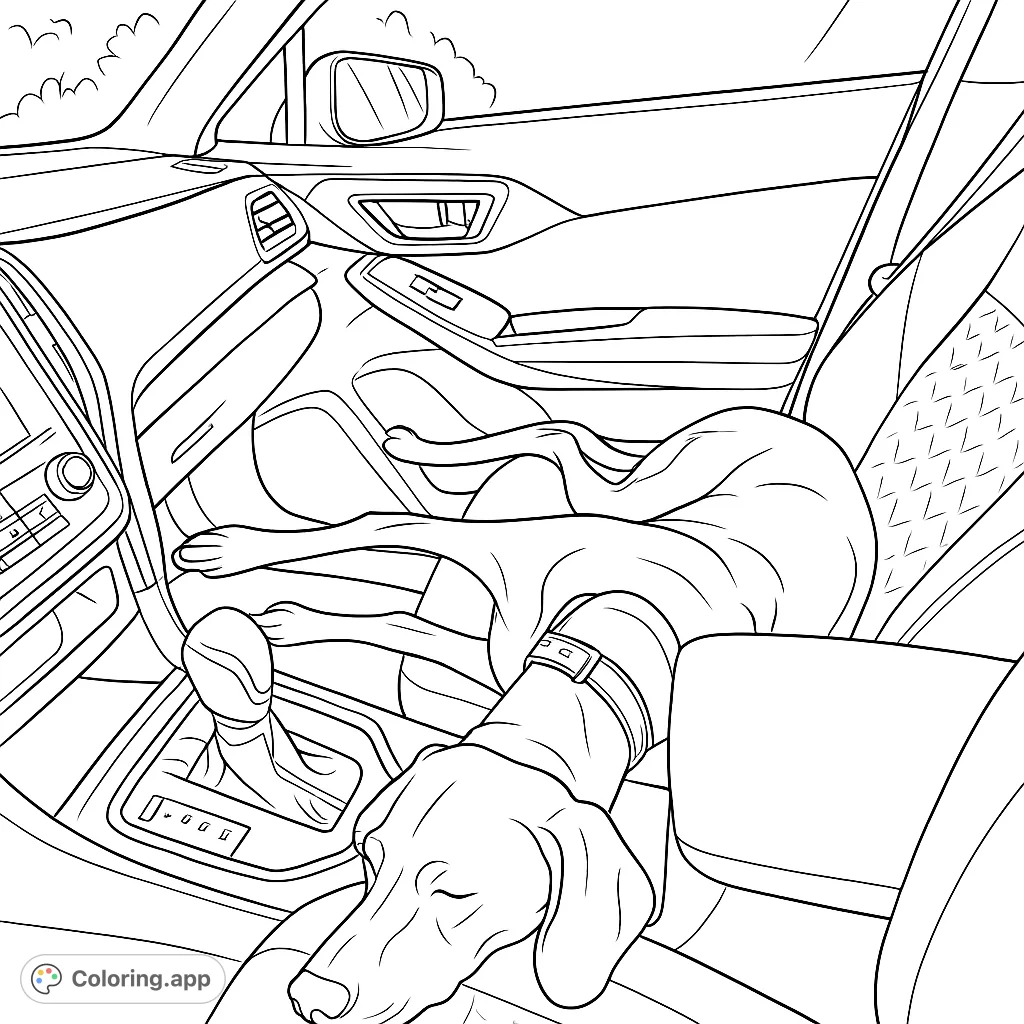 A peaceful dog enjoys a car ride, stretched out on the passenger seat. Perfect for pet lovers and travel enthusiasts to color and relax.