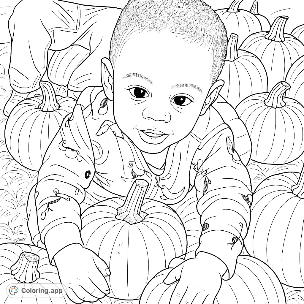 An adorable baby explores a festive pumpkin patch, surrounded by numerous pumpkins. This charming scene is perfect for a heartwarming autumn coloring activity.