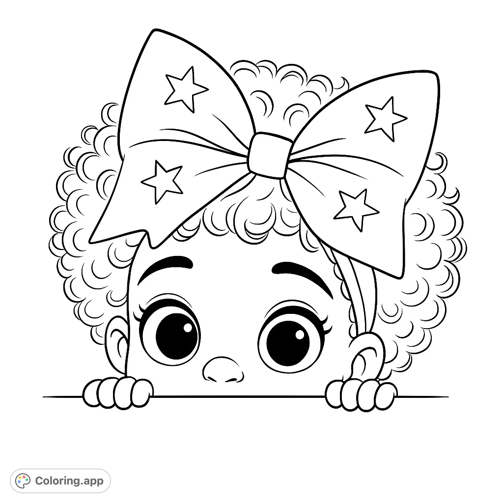 A delightful coloring page featuring a curious child with curly hair and a large bow, peeking over a surface. Perfect for young artists.