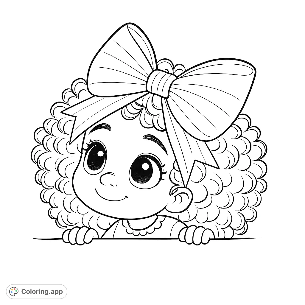 An adorable cartoon girl with curly hair and a large bow peeking over a surface, ready for a splash of color and creative expression.