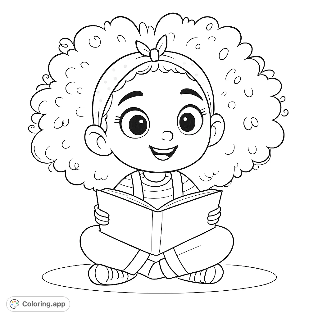 A delightful coloring page featuring a happy girl with curly hair, sitting cross-legged and engrossed in a book. Perfect for young readers!