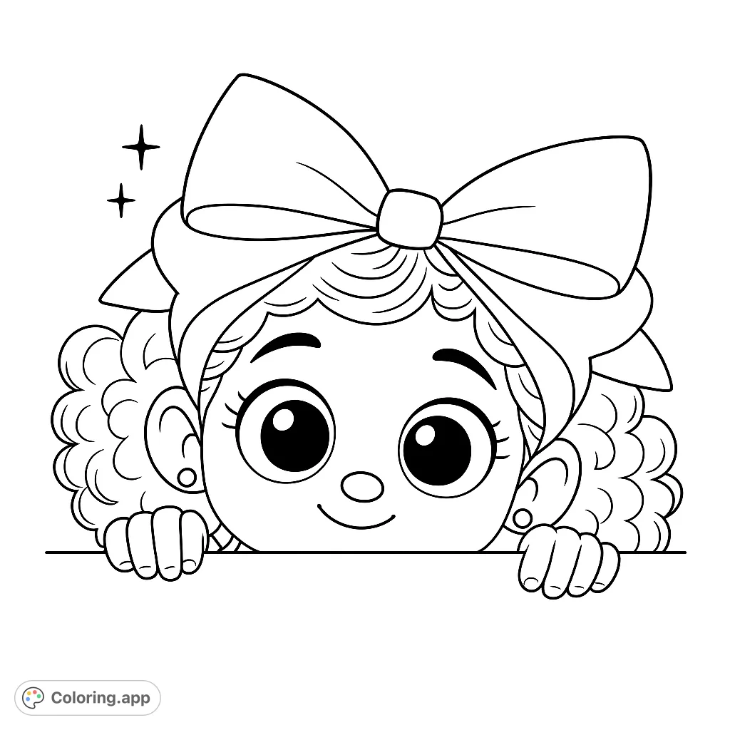 A delightful cartoon girl with a big bow and curly hair peeks over a surface, ready to be brought to life with your colors. Perfect for kids!