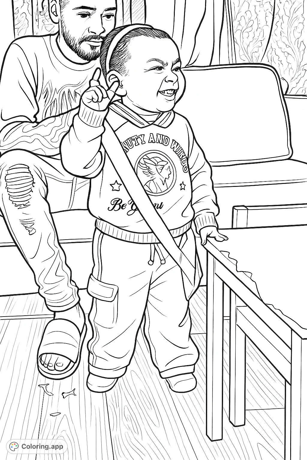 A delightful coloring page featuring a playful child in a sweater and sash, making a funny face, with an adult nearby. Perfect for family fun!