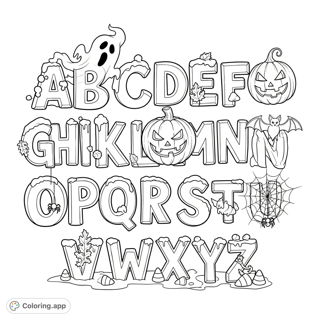 Explore the alphabet with a spooky twist! This Halloween alphabet coloring page features capital and lowercase letters adorned with classic holiday elements.