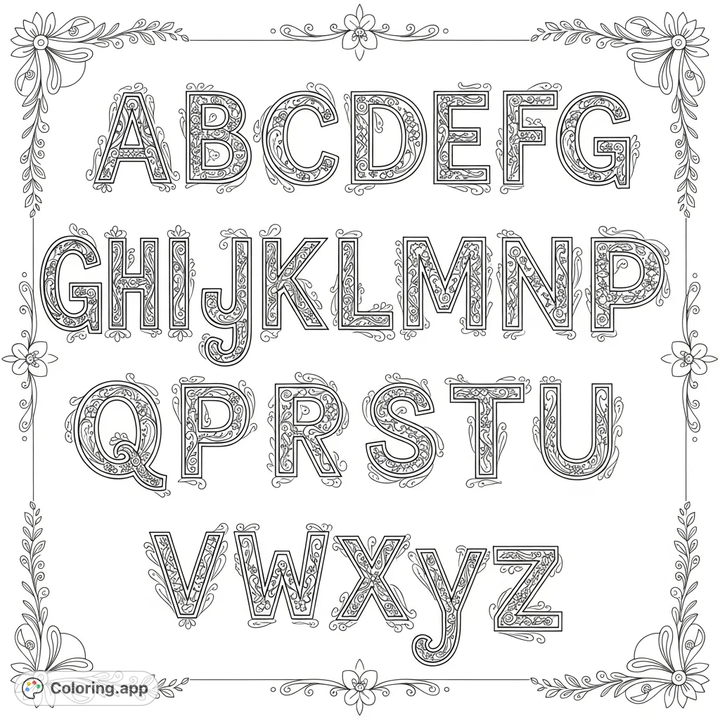 Discover the beauty of typography with this intricate alphabet coloring page. Each stylized letter features elaborate patterns and delicate framing, offering a captivating artistic challenge.