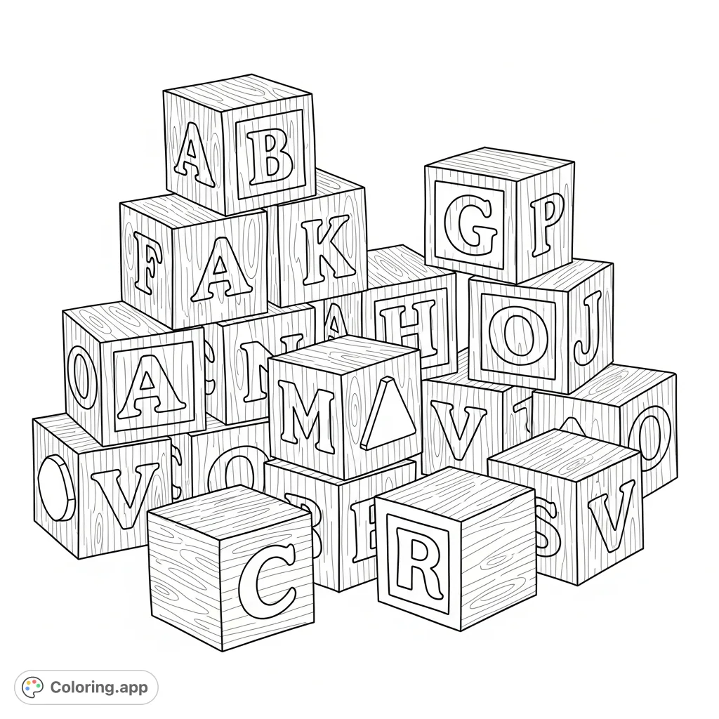 Explore letters and shapes with this charming wooden alphabet blocks coloring page. Perfect for learning and creative play!