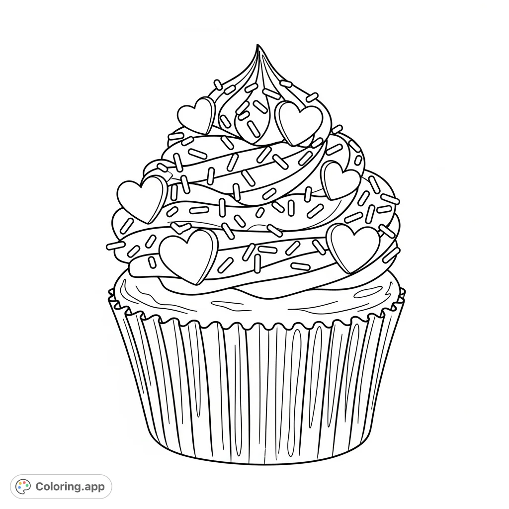 A delightful cupcake adorned with a generous swirl of frosting, playful sprinkles, and charming heart shapes, perfect for a sweet treat coloring page.