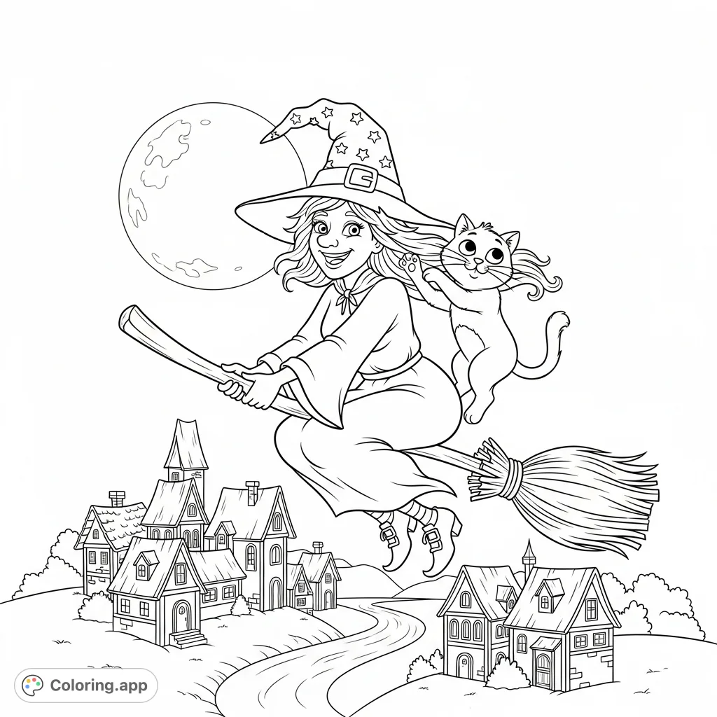 A cheerful witch and her playful cat soar over a sleeping village under a full moon. A magical scene for a whimsical coloring adventure.