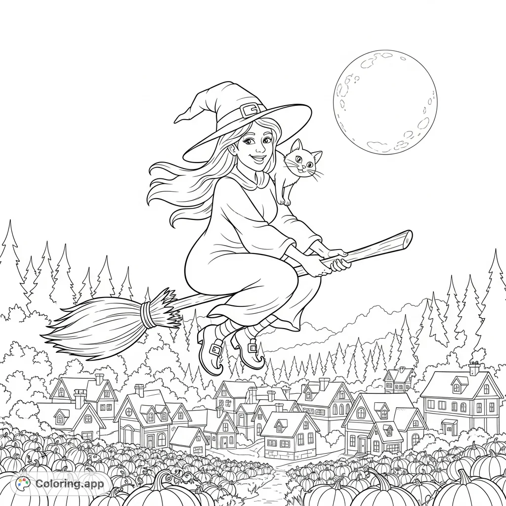 Soar with a friendly witch and her playful cat over a charming village and pumpkin patch under a luminous moon. A magical, detailed scene awaits your colors!