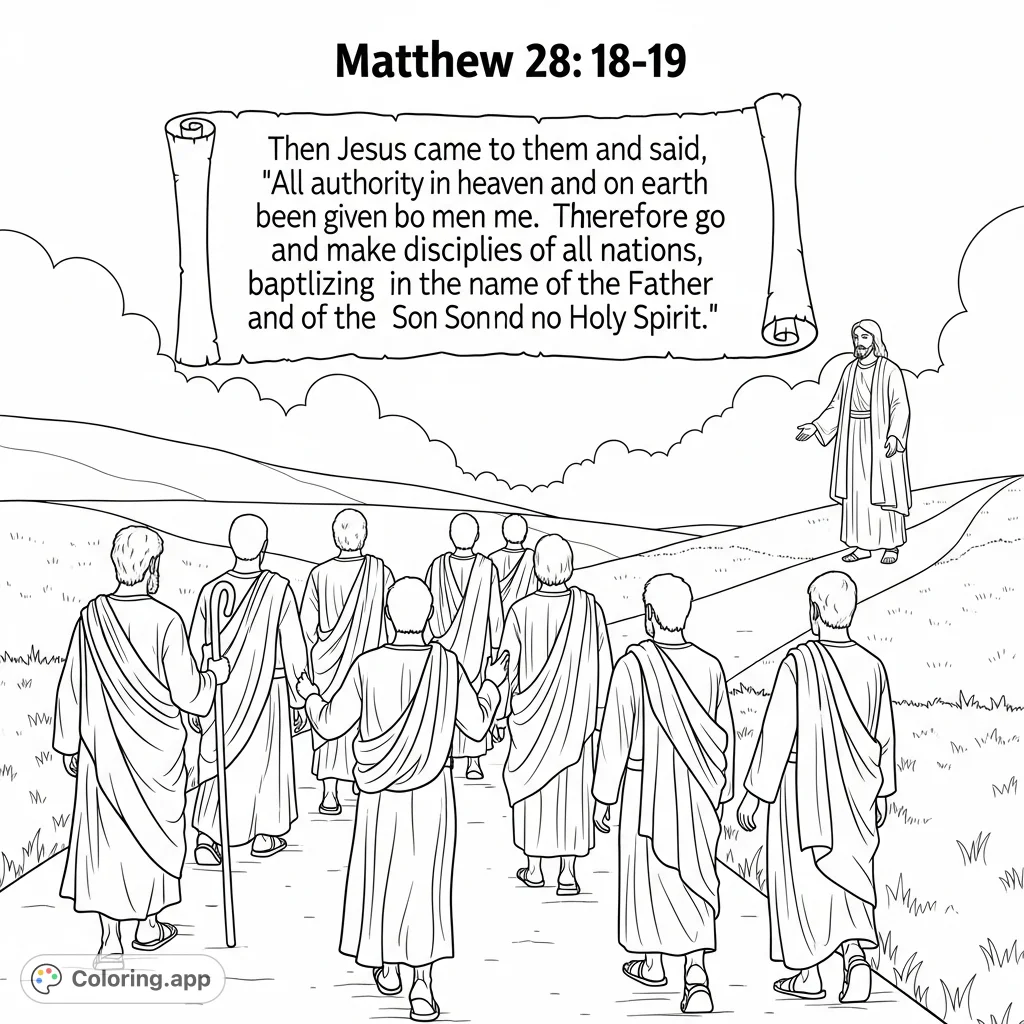 A powerful biblical scene depicting Jesus giving the Great Commission to his eleven disciples as they embark on their mission, with scripture text.