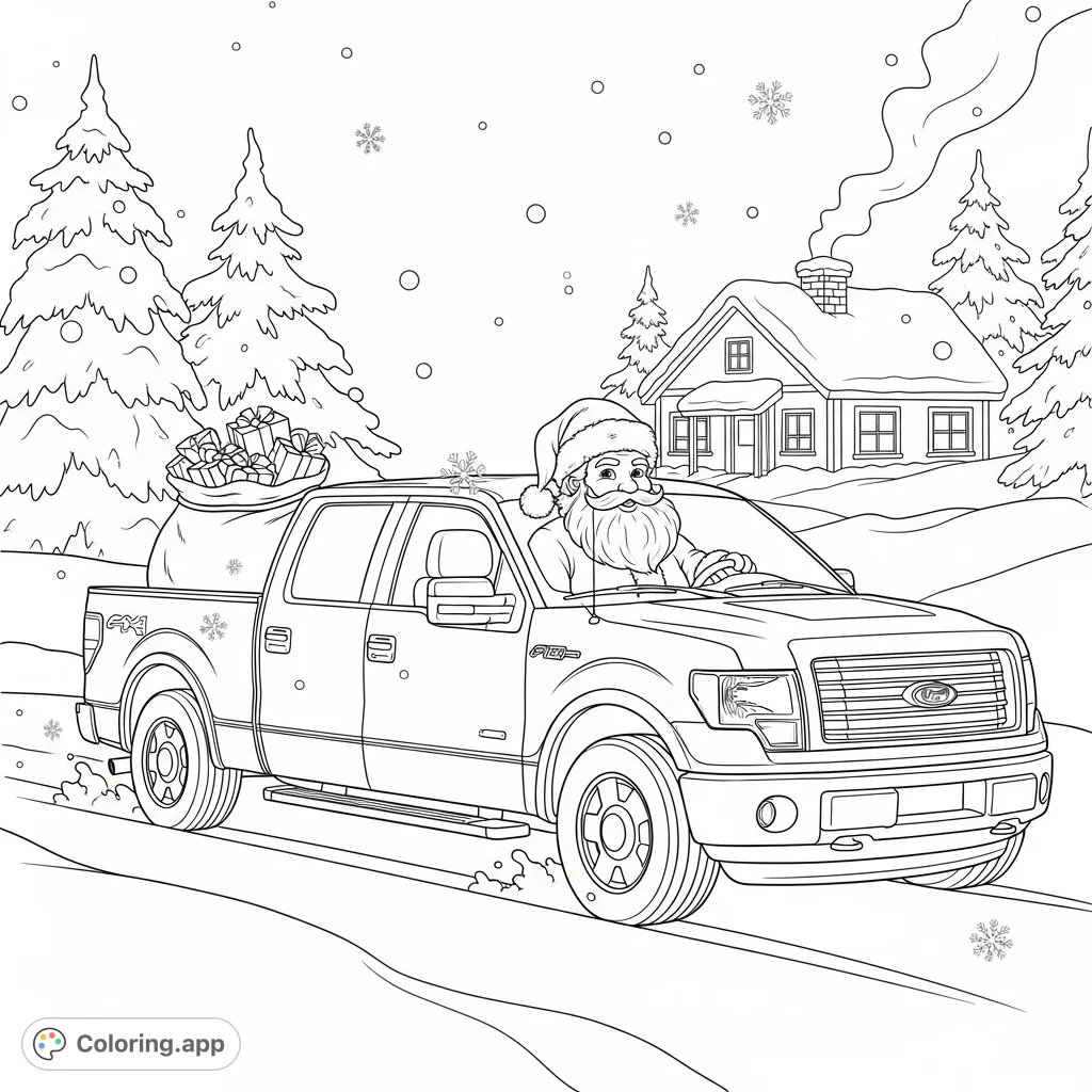 Jolly Santa Claus drives a Ford F-150 through a snowy Christmas scene, delivering gifts. A festive and fun holiday coloring page for all ages.