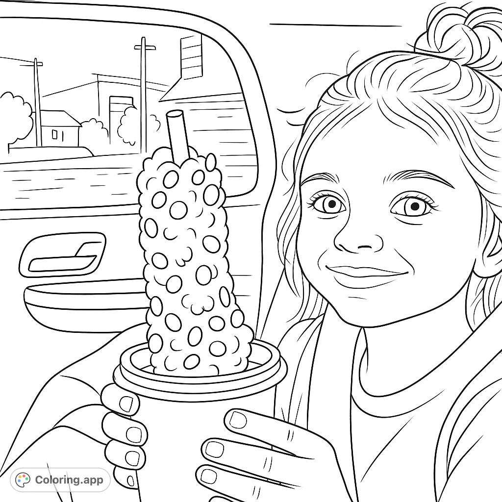 A joyful girl holds a towering, sprinkle-covered whipped topping drink in a car. A delightful scene perfect for a sweet treat coloring page adventure!