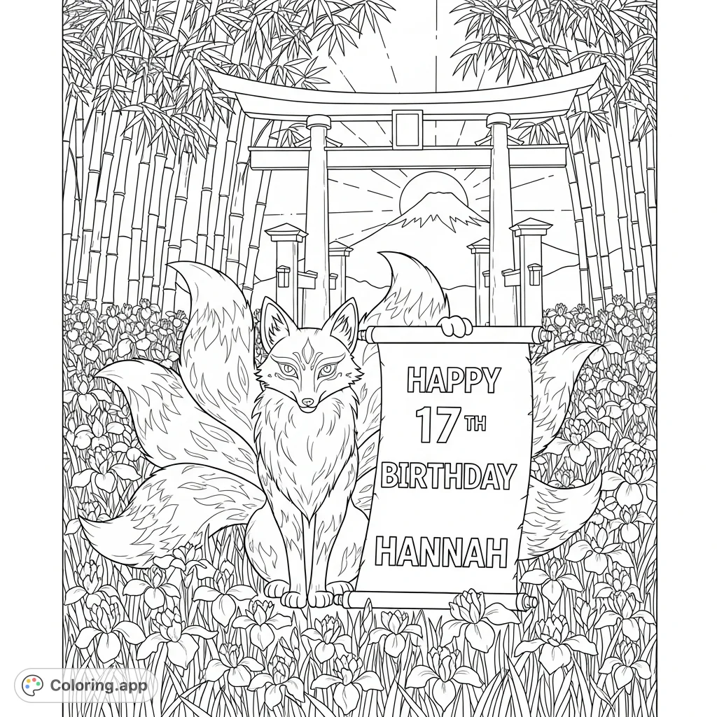 A charming kitsune sits among irises, holding a scroll with "Happy 17th Birthday Hannah", set against a serene Japanese landscape with Mount Fuji.