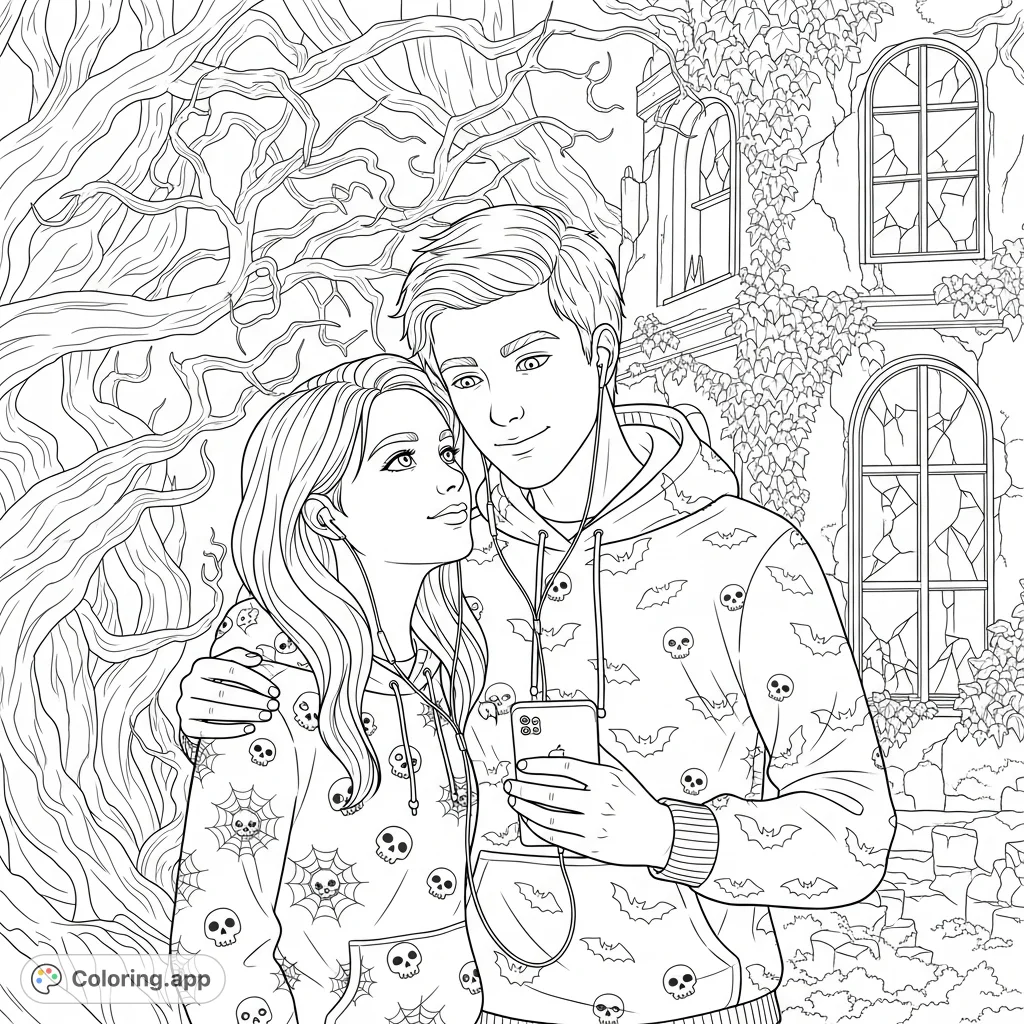 A teen couple in spooky hoodies shares earbuds, lost in music and each other's gaze, set against a mysterious woods or old building. Perfect for a unique coloring page.