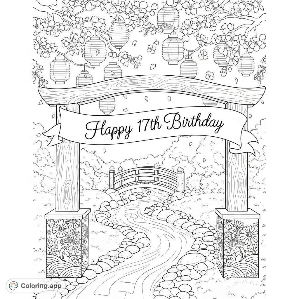 Discover a serene Japanese garden at dusk with cherry blossoms, paper lanterns, and a personalized "Happy 17th Birthday Hannah" banner. A unique coloring experience.