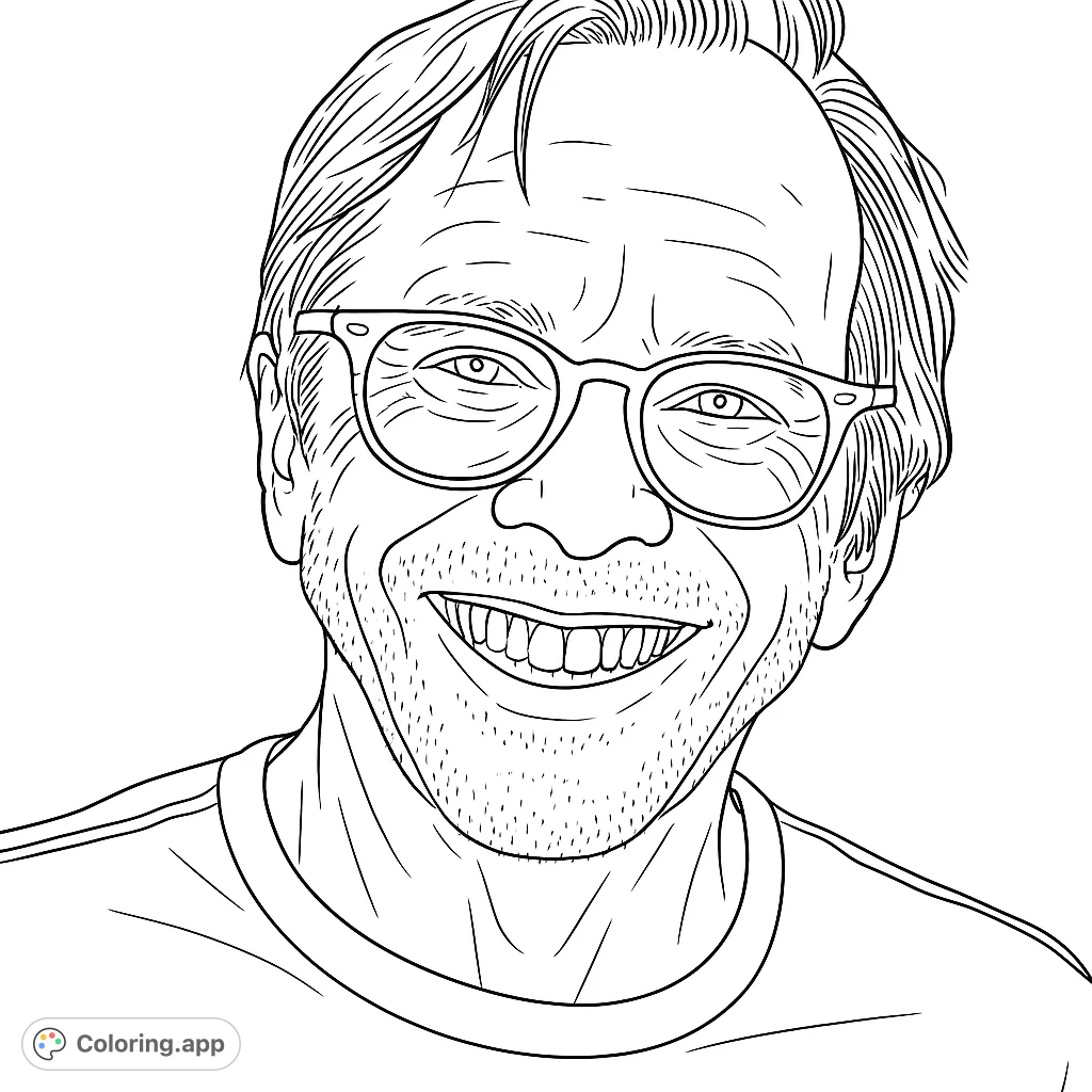 A cheerful portrait of a man with glasses, captured mid-smile. Perfect for a relaxing coloring session.