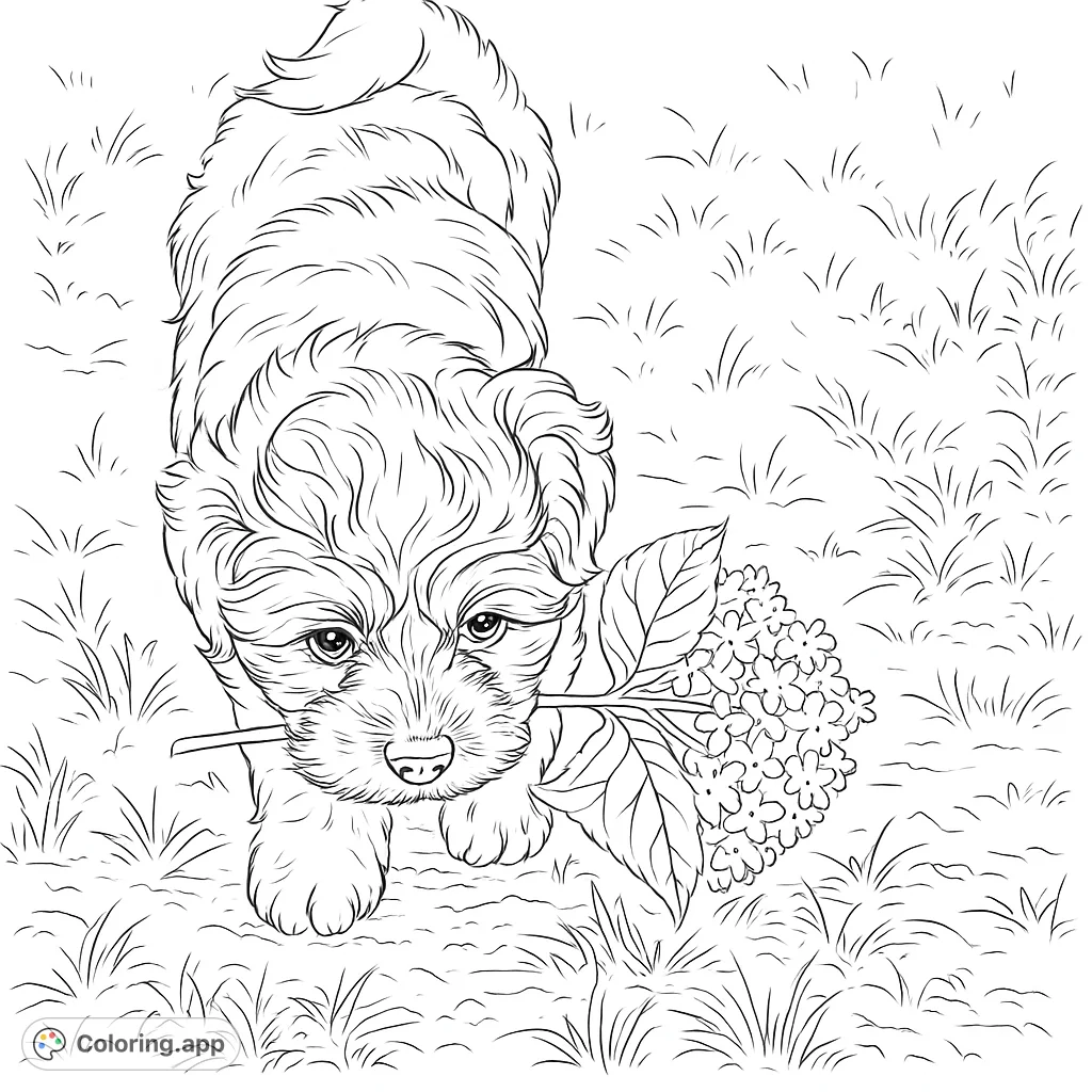 A charming fluffy puppy lies on the grass, curiously examining a cluster of delicate blossoms. A delightful scene for all ages.