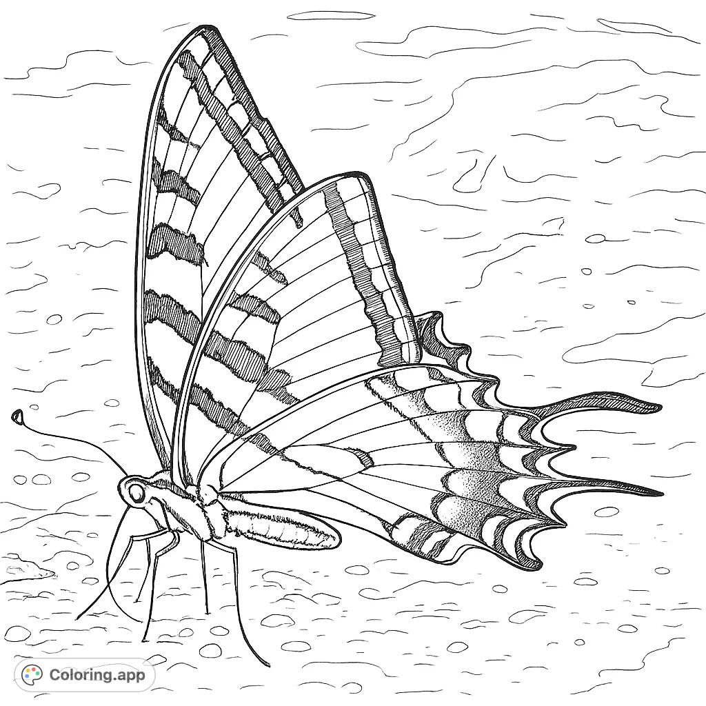 Discover an elegant striped butterfly coloring page with intricate wing patterns resting on textured ground, perfect for mindful coloring.