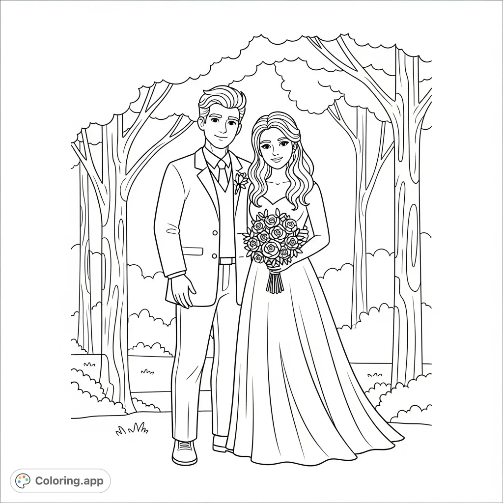 Celebrate love with this enchanting forest wedding coloring page. A bride in a flowing dress and a groom in a simple suit stand amidst serene trees.