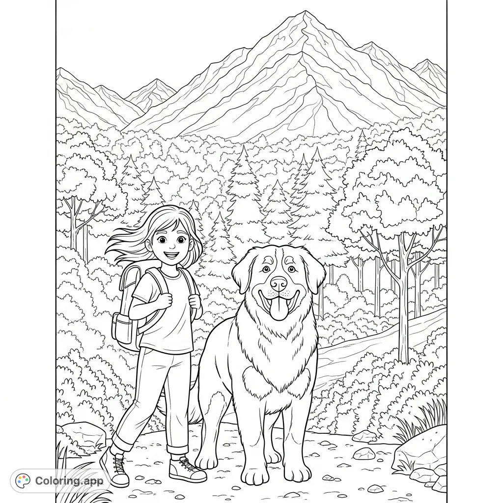 A heartwarming free printable hiking coloring page featuring a smiling girl and her loyal Bernese Mountain Dog amidst a scenic mountain and forest landscape.