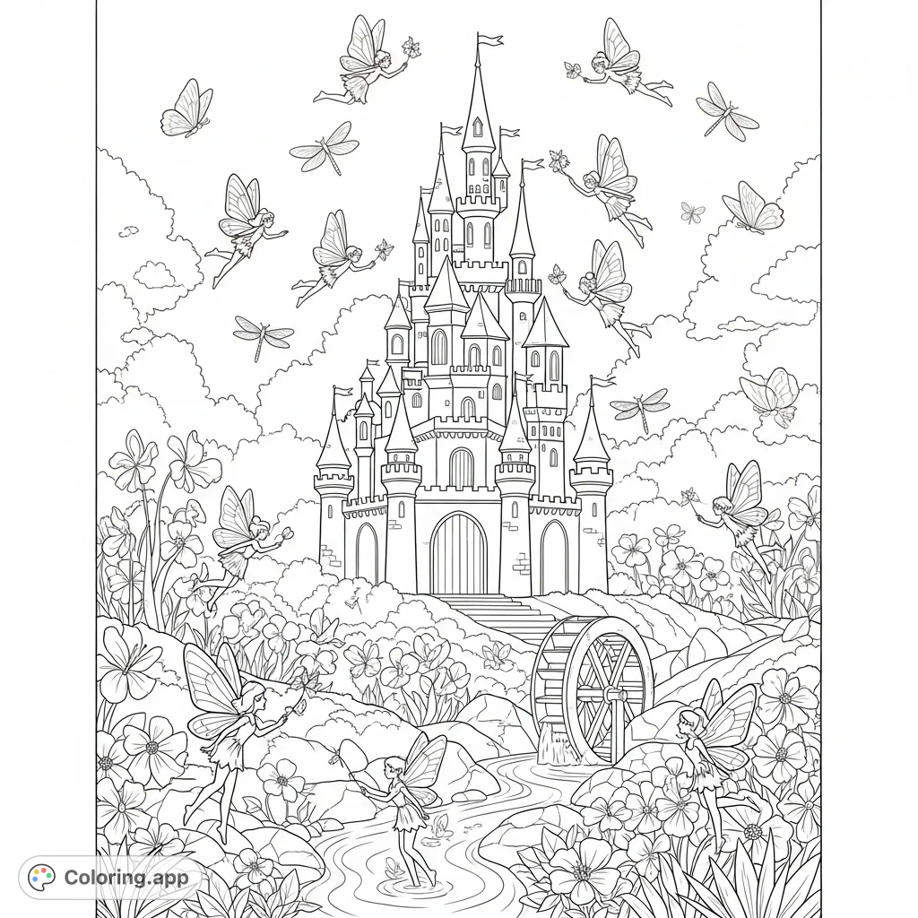 Explore a magical fairy castle coloring page, featuring a whimsical garden filled with delicate flowers, graceful butterflies, and flitting fairies. A charming stream with a water wheel completes this enchanting scene.