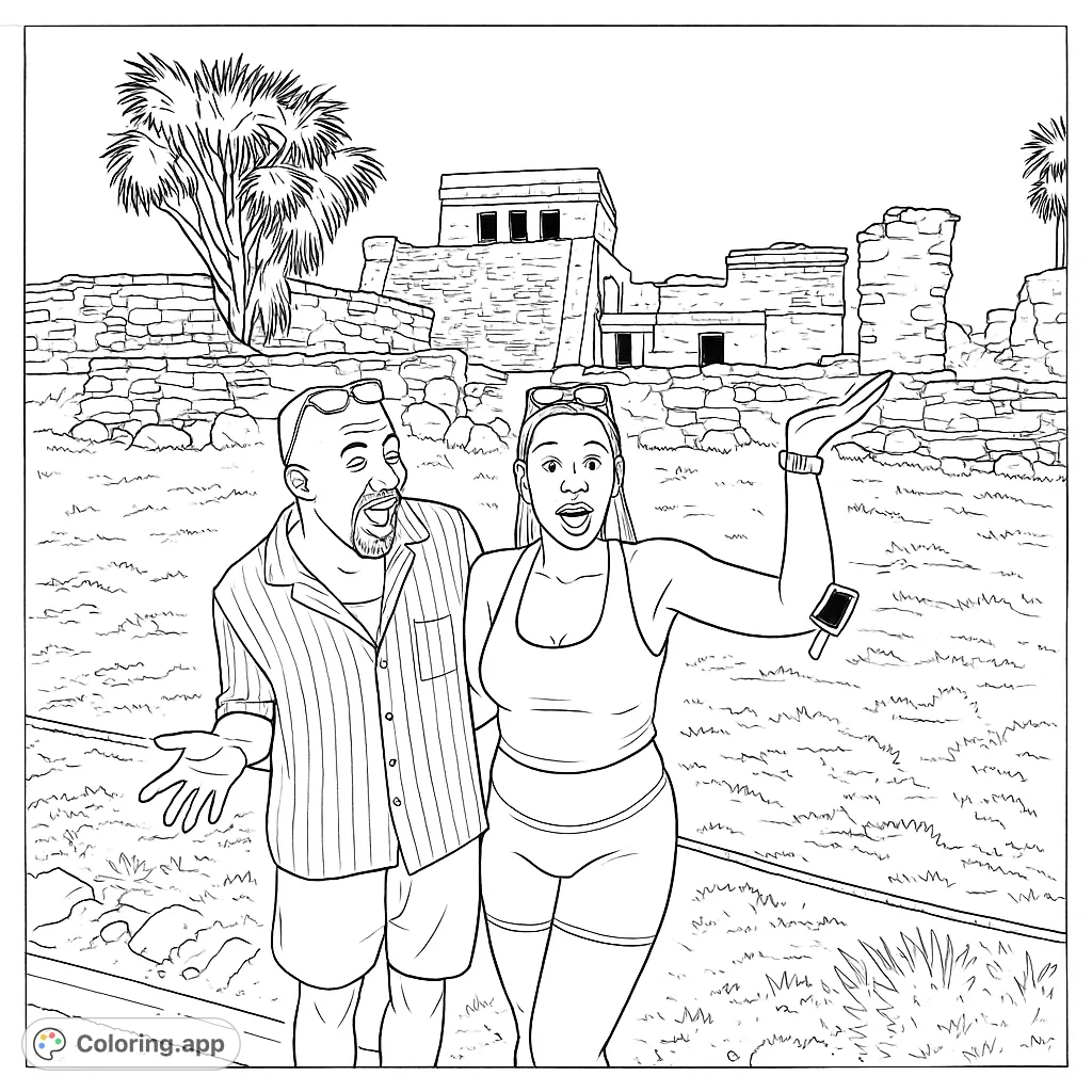 Two travelers react with surprise at ancient stone ruins, surrounded by historic architecture and tropical vegetation. A fun, engaging travel scene.