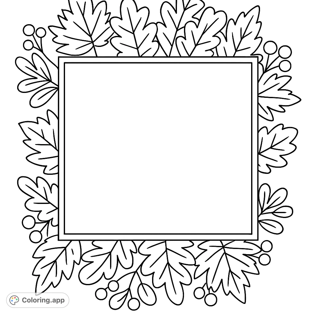 A delightful autumn leaves and berries frame coloring page, perfect for seasonal creativity. Features various leaf shapes and berry clusters around a central square.