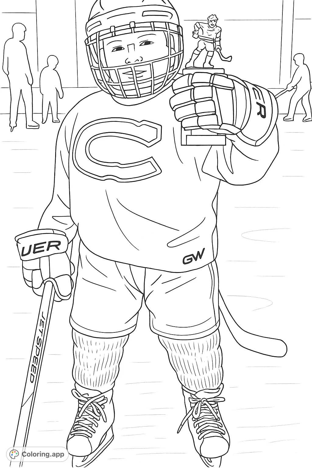 A proud young hockey player in full gear holds a trophy on the ice, celebrating a victory. Perfect for sports fans and aspiring athletes.