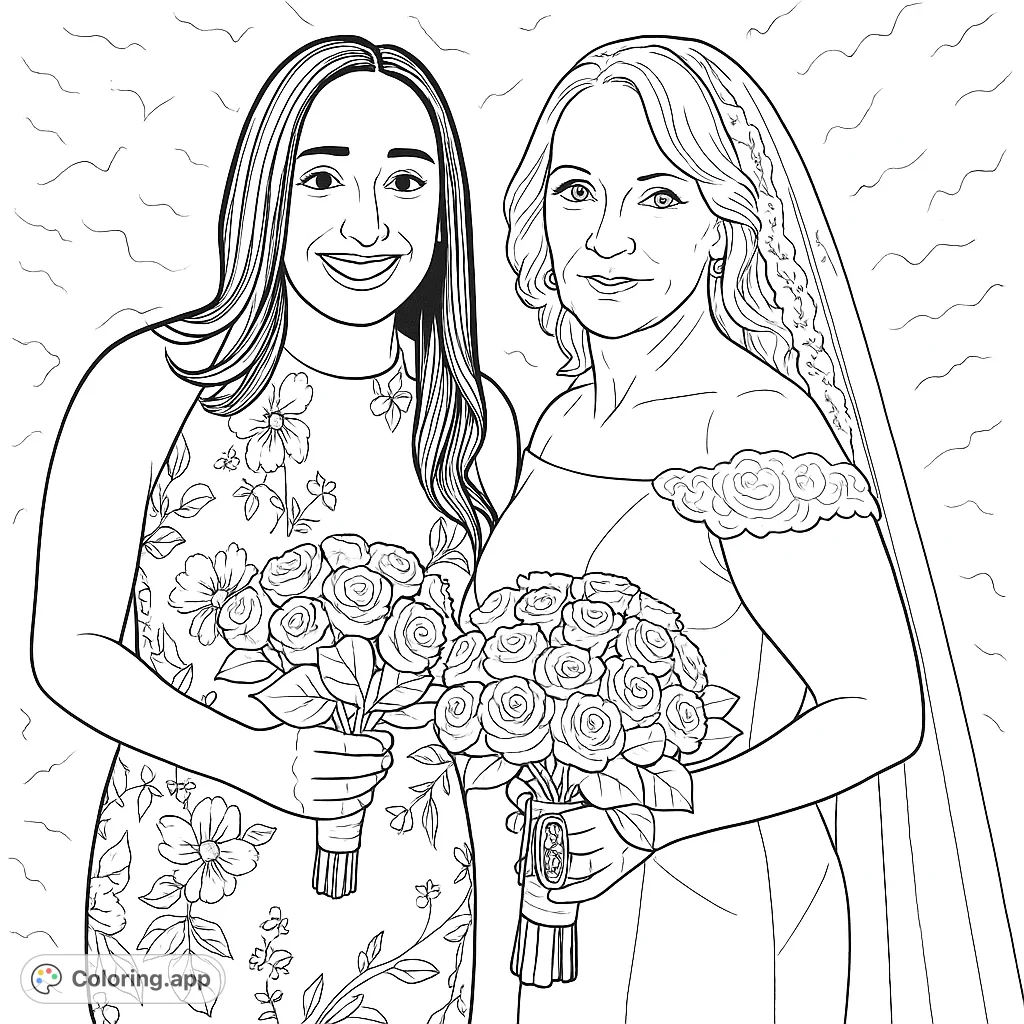 Elegant women with beautiful bouquets, perfect for celebrating special bonds and moments. A lovely bridal party scene to color.