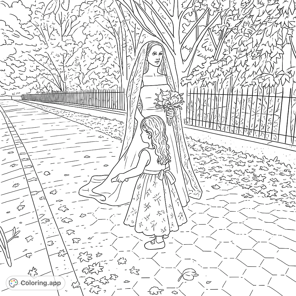 A beautiful wedding scene featuring a bride in her elegant gown and a charming flower girl on a scenic outdoor path, surrounded by lush foliage.