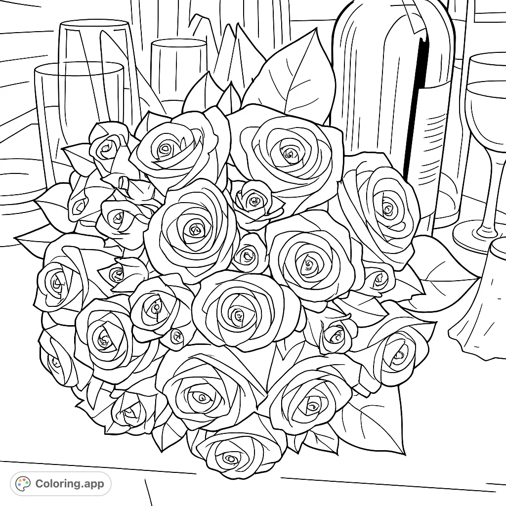 A beautiful floral bouquet featuring elegant roses, delicate buds, and sparkling decorative elements, perfect for detailed coloring.