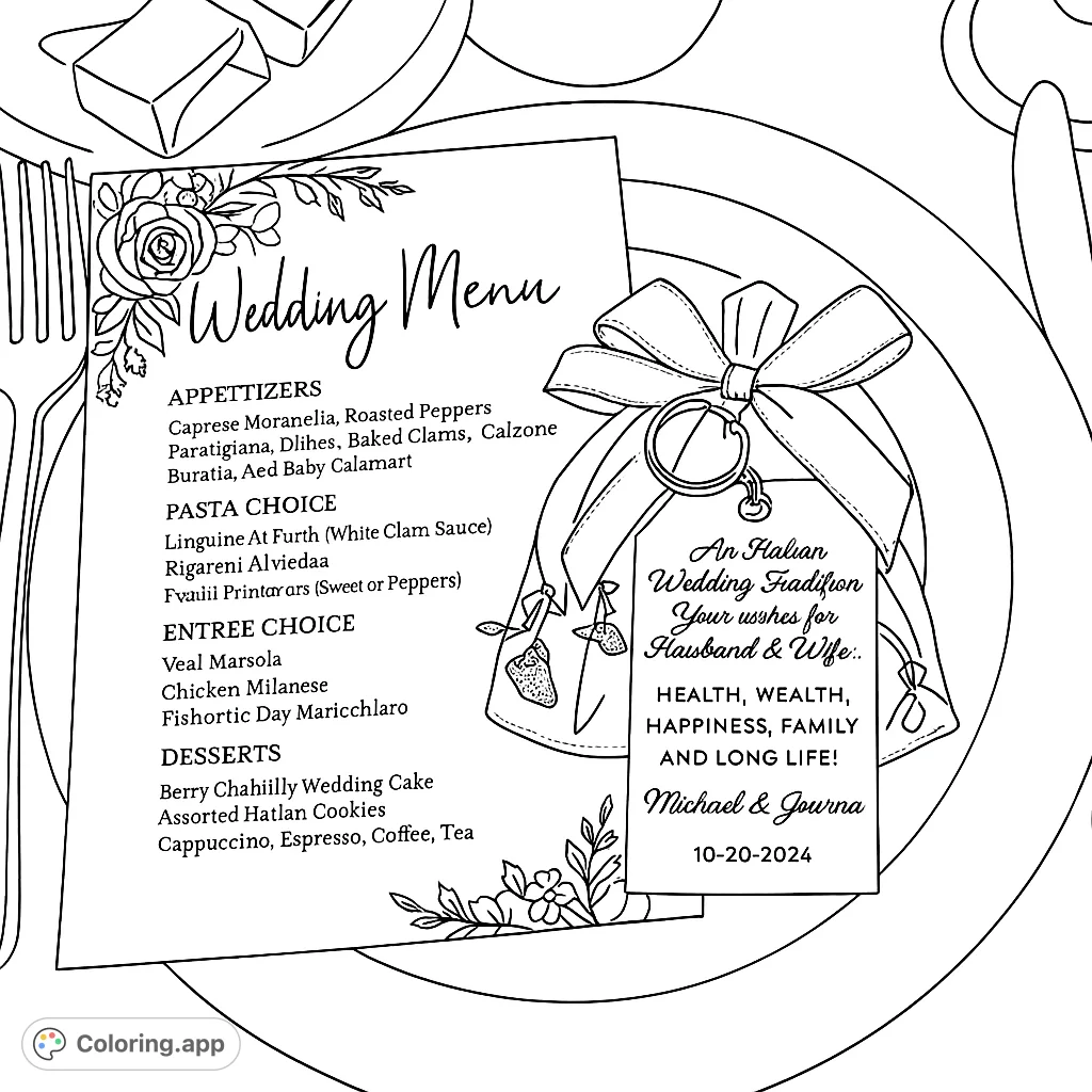 An elegant wedding table setting featuring a beautifully designed menu card, a charming favor bag with a ring, and classic silverware. Perfect for celebrating love.