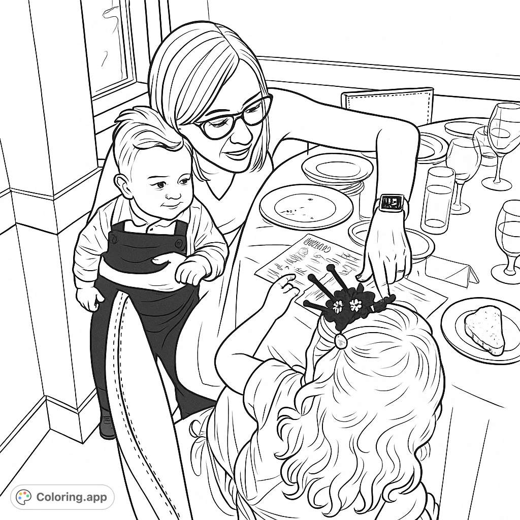 A heartwarming family scene at a dining table, featuring an adult, a toddler, and a young girl interacting with a fun spider-shaped dessert. Perfect for all ages!