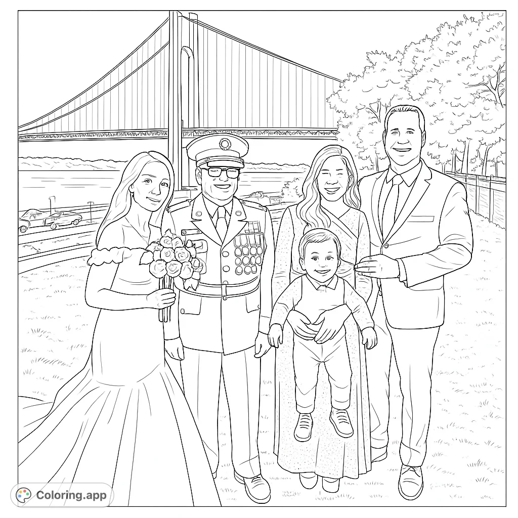 A joyful family portrait featuring a bride, a groom in uniform, and relatives, set against a grand suspension bridge and scenic waterfront.