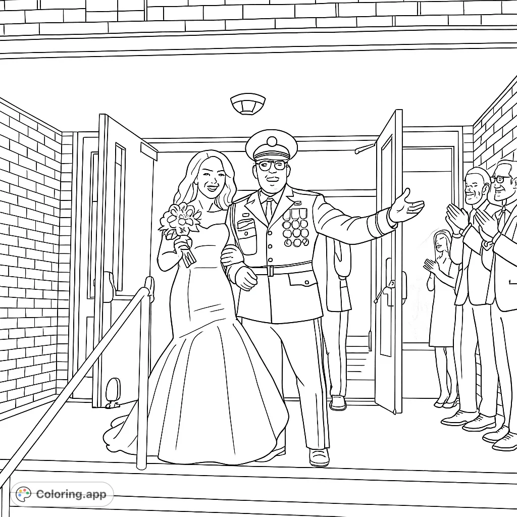 A joyous wedding scene featuring a bride and groom in military uniform exiting a building, surrounded by cheering guests. Celebrate love and service!