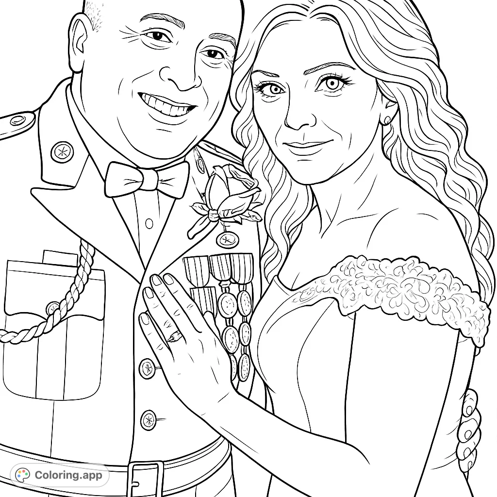 Celebrate love with this military wedding coloring page. A happy couple, one in uniform, the other in a beautiful gown, ready for your creative touch.