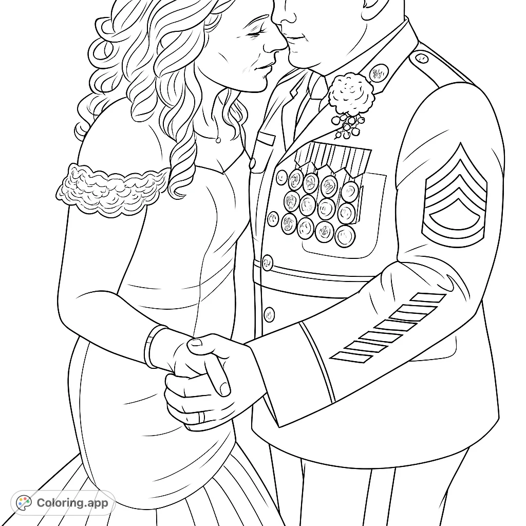 A touching military wedding coloring page featuring a couple dancing, with intricate uniform details and a beautiful lace gown. Celebrate love and service.