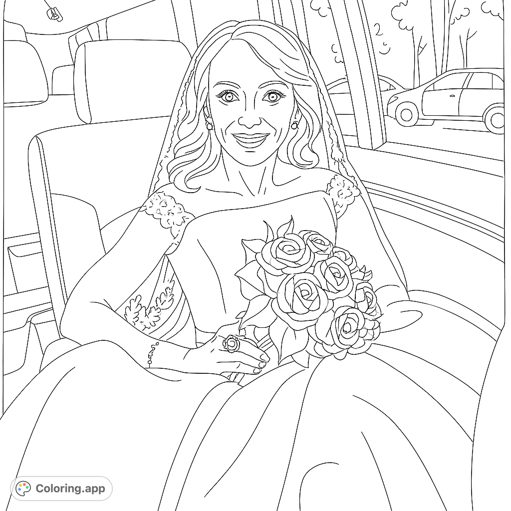 A beautiful bride smiles in her elegant wedding gown, holding a detailed bouquet, seated in a car. A charming scene perfect for celebrating special moments and creative expression.