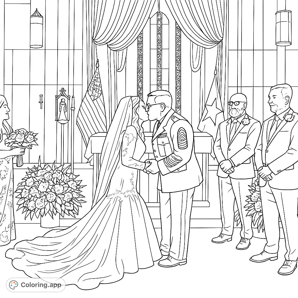 Celebrate love with this wedding scene coloring page. A bride and groom share a kiss at the altar, surrounded by family and church details.