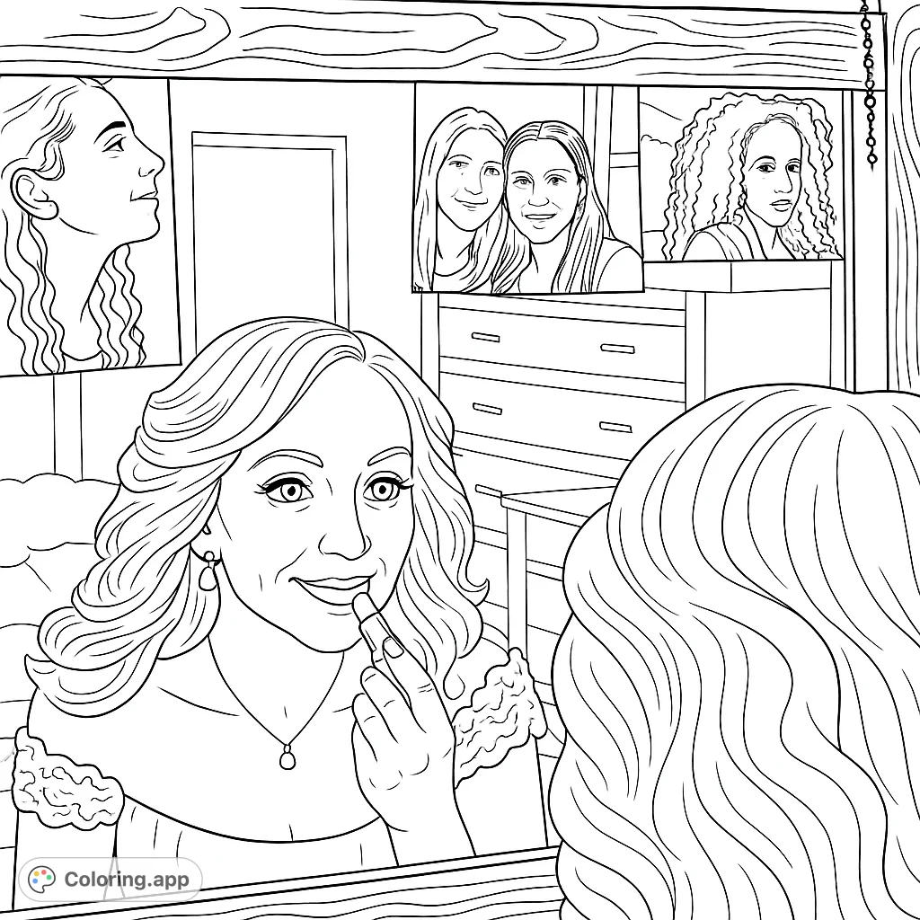 A woman applies lipstick, gazing into a mirror, surrounded by cherished photos. A moment of beauty and reflection, perfect for personalizing with your favorite hues.