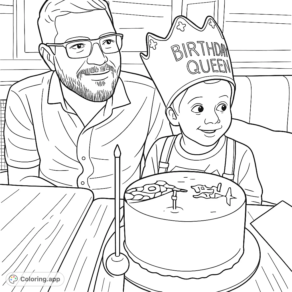 Celebrate a special day with this heartwarming birthday scene featuring a smiling child in a crown, a proud adult, and a festive cake. Perfect for joyful coloring.