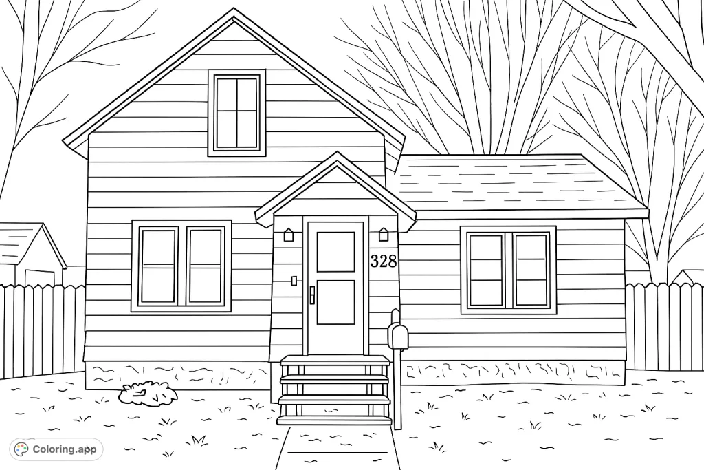 Explore a charming two-story house with unique architectural details, intricate bare trees, and a detailed yard. Perfect for creative expression!