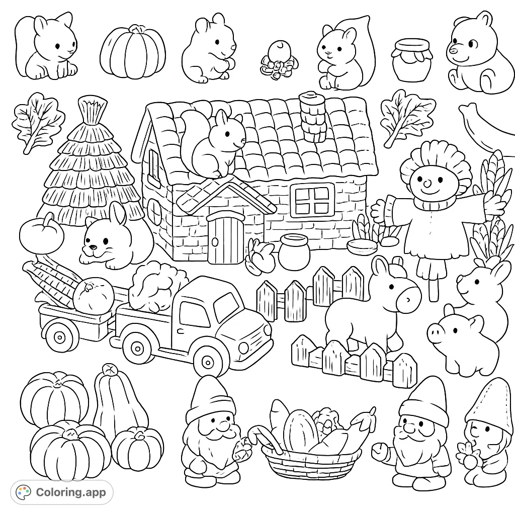 A delightful autumn harvest scene with farm animals, gnomes, pumpkins, and a cozy house, perfect for a charming coloring adventure.